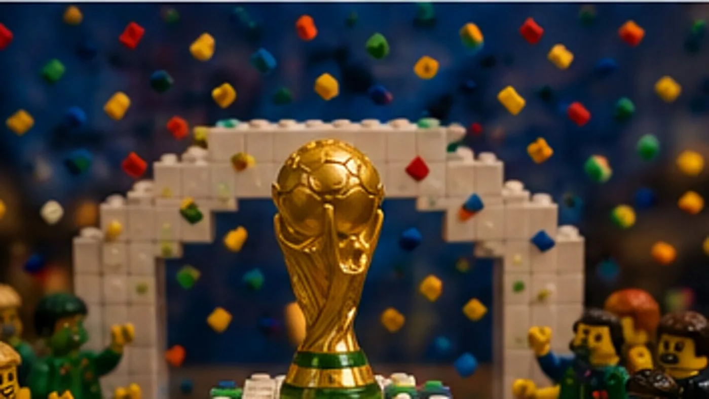 Scène finale de Coupe du monde en LEGO avec podium et trophée